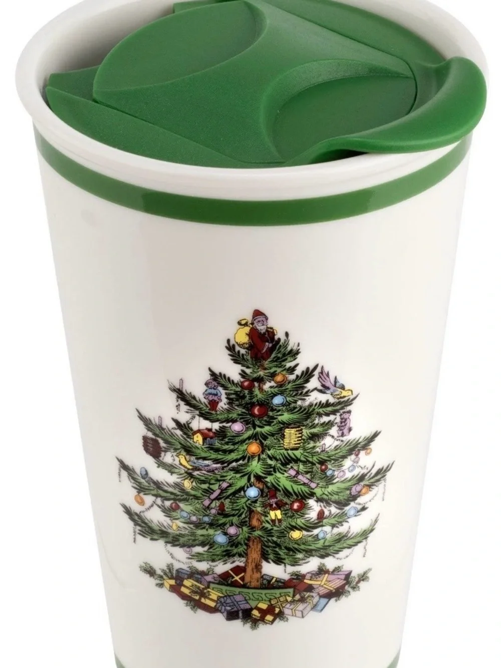 Spode White Travel Mug with Green Lid and Christmas Tree Motif